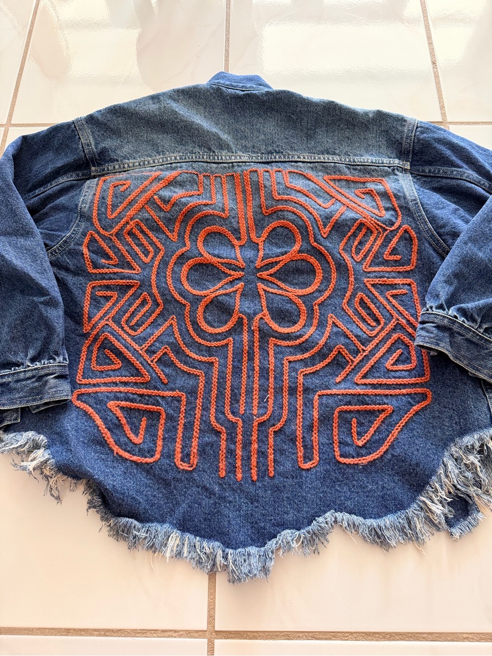 Denim Jacket with Orange Geometric Panamaniam Mola Embroidery Inspired Back S/M